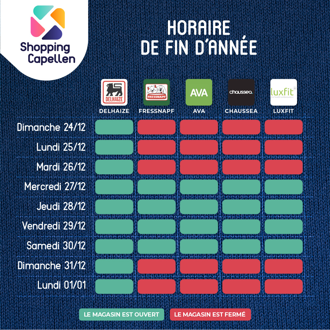 Découvrez nos horaires pour les fêtes de fin d année Shopping Capellen